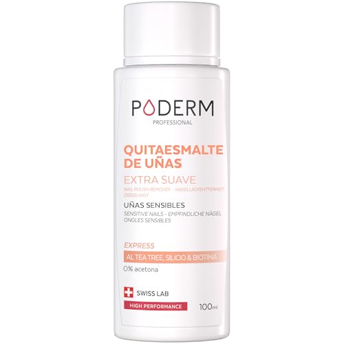 PODERM - QUITAESMALTE DE UÑAS EXTRA SUAVE CON ÁRBOL DE TÉ - Eliminación Fácil y Rápida del esmalte de uñas - Sin Acetona – Fortalece y Nutre - Ideal para Uñas Sensibles - 100 ml - Swiss Lab