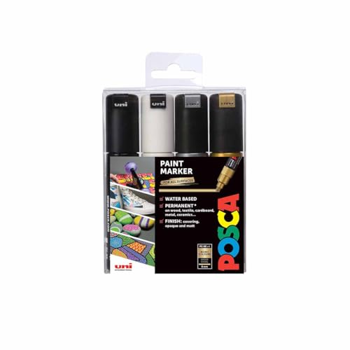 Posca 153544853 Lot de 4 Marqueurs peinture avec encre à base d'eau et pointe biseautée large en acrylique 8 mm