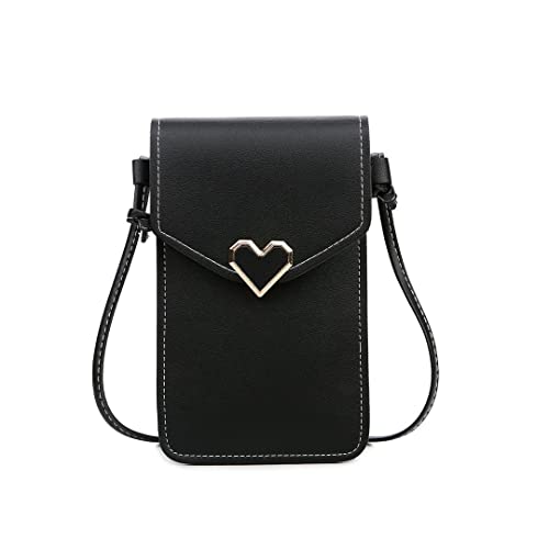 Narunii Sac à bandoulière Femme,Mini Pochette pour téléphone Portable avec en Cuir PU Transparent pour écran Tactile Verrouillage D'amour (Noir)