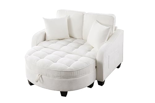 Image of ERYE Chenille Tufted Loveseat Sofa and Ottoman Set, Tufted Recliner Sleeper Chaise Lounge with Curved Storage Ottoman,Reclining Backrest and Side Pockets, 4 Pillows