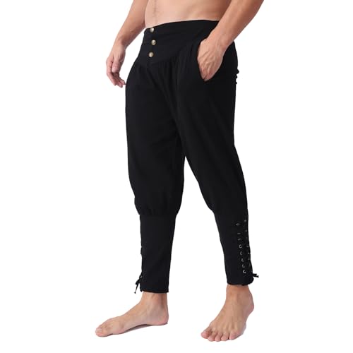Mens Vintage Striped Pirate Pants Costume Halloween Medieval Ankle Banded Pants Renaissance Gothic Viking Navigator Trousers (XL Black-Button)