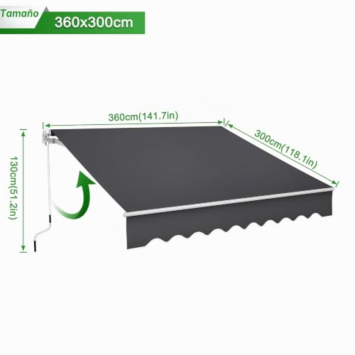 Toldo para balcon 360x300 cm de aluminio con manivela manual gris oscuro 3
