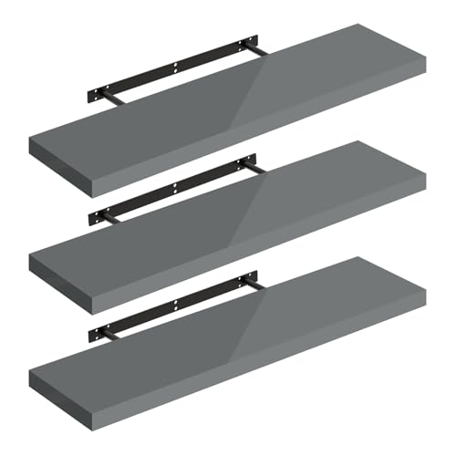 WOLTU Étagères Murales,Tablette Murale de Lot de 3,Étagère Flottante,Étagère à Livres,CD DVD,Panneau de Bois,80x22,9x3,8cm,Gris Brillant,RG9480gr-3