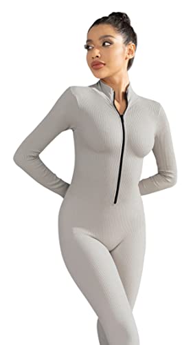 Yetowa Women's One Piece Bodycon Jumpsuit High Neck Long Sleeve Zipper Romper Clubwear #TOP4