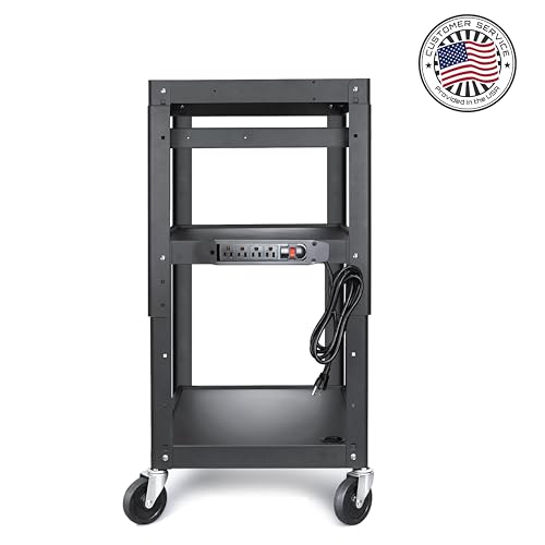 MetaTeel AV Presentation Cart Stand for Video Projector,TV,Laptop Computers,Printers,Metal Construction Rolling Cart with Adjustable Shelves,4 Wheels,4 Outlets, 5.75ft Cord,Support 300 lbs,Black
