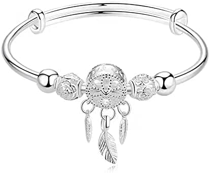Luckimoli Silver Dream Catcher Tassel Feather Charm Bracelet Bangle Adjustable Mother's Day Jewelry Gift Birthday Christmas Gifts for Women Mom Wife Girls