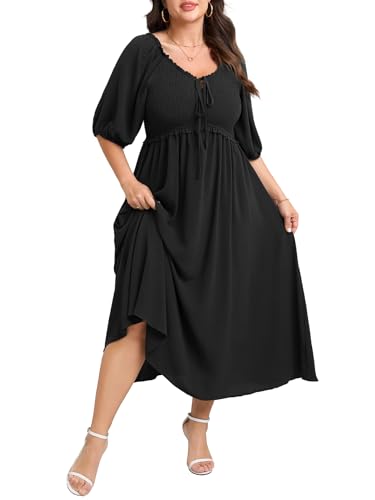 Image of CICIDUDU Women's Plus Size Maxi Dress Wedding Guest Half Sleeve V Neck Bowknot Smocked Milkmaid Flowy Dresses for Women