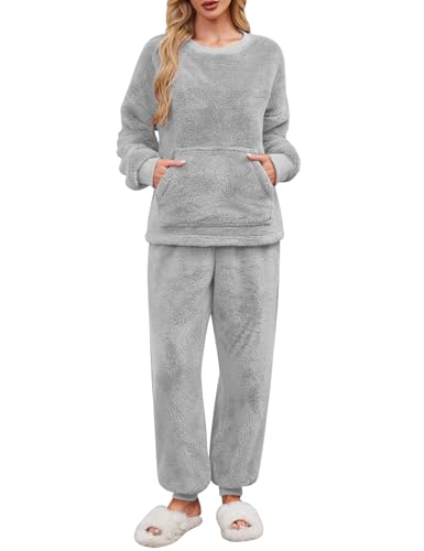 UMIPUBO Pyjama Femme Hiver Pilou Polaire Ensembles de Pyjamas Chaud Flanelle Vêtements de Nuit Manche Longue Haut et Pantalon avec Poches Doux Chic Coupe...