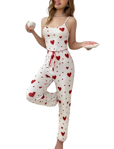 Damen 2-Teiliges Pyjama Set mit Herz-Print Camisole Top und Hose Set, Sexy Schlafanzug Süße Bequemes Ärmellos Sleepwear Lounge Set (DE/NL/SE/PL, Alphanumerisch, S, Regular, Regular, Weiß + Rot)