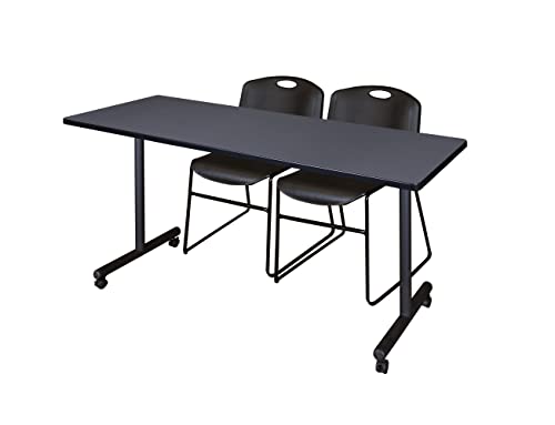 Image of Regency Kobe 66 x 24 in. Mobile T-Base Training Table- Grey, 2 Zeng Stack Chairs- Black