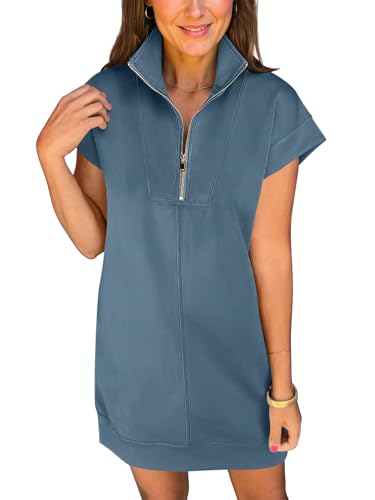 Image of ANRABESS Womens Summer Casual Half Zip Cap Sleeve Trendy Wrinkle-Free Tshirt Dress 2026 Spring Beach Vacation Short Dresses