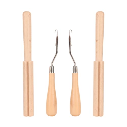 2Set Crochet Hook, Wooden Bent Latch Hook Tool and Wooden Thread Cutter Multi Purpose Bent Crochet Needle Tool for Rug Making and Art Craft