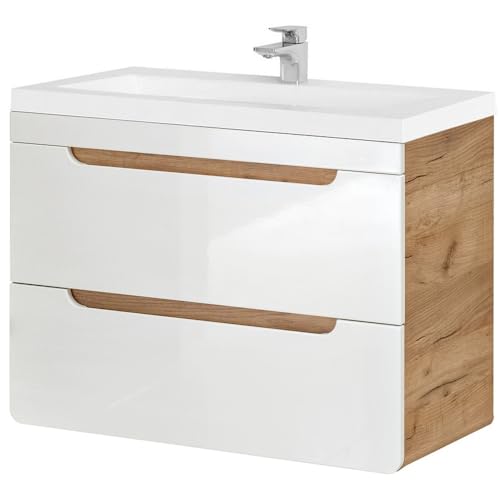 Lomadox Badmöbel Waschtisch Set mit 81 cm Unterschrank und Keramik Waschbecken, Hochglanz weiß, 2 Softclose-Schubkästen