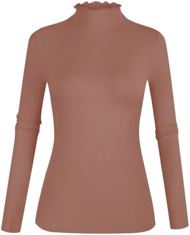 POPZONE Women's Lettuce Trim Mock Neck Long Sleeve Slim Fit Ribbed Knit Tee Shirt Tops