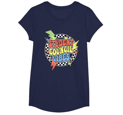 Retro Student Council Vibes Groovy School Student Council T-Shirt, Girls, Navy Blue, X-Small