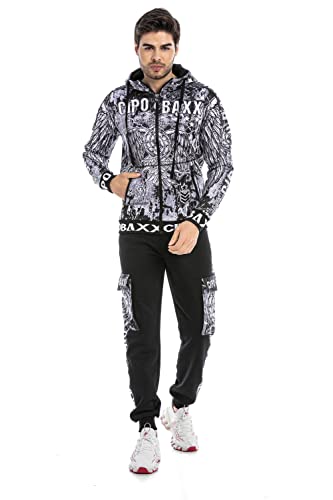 Cipo & Baxx Herren Trainingsanzug Sportanzug Sweatsuit Tracksuit Jogger-Set Sweat Jacke Hose Prints Kapuze CLR144 Schwarz L Cover