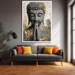 Peinture sur toile feuilles dorées avec bouddha pour intérieur zen