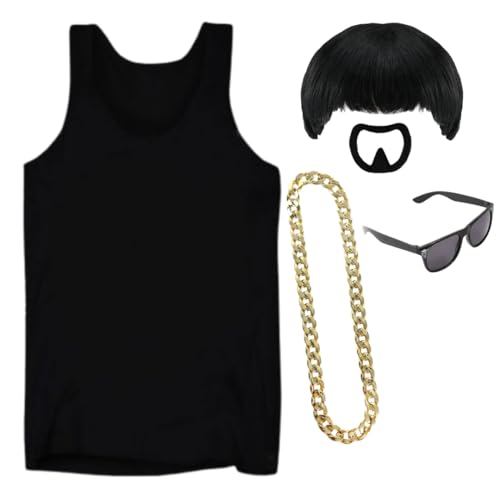 Ibiza Final Boss Costume Black Vest Bowl Cut Wig Gold Chain Goatee & Black Glasses Funny Fancy Dress Outfit for Festivals & Parties - Small