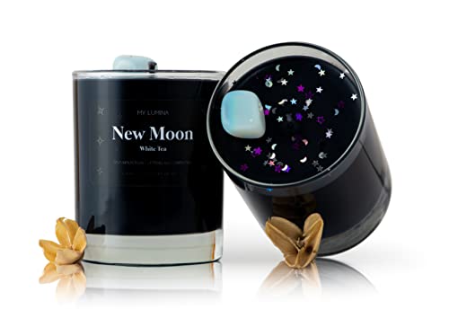 My Lumina New Moon Aromatherapy Candle w/Moonstone Crystal Inside -Natural Stone Healing Energy, Stress Relief, Relaxing & Balance- Soy Wax Scented Candle Home - Gift for New Beginnings - Night Black