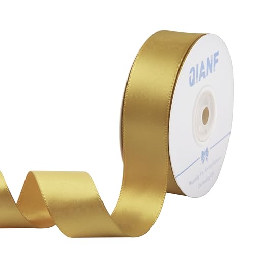QIANF 1 Inch Double Face Satin Ribbon Gold Ribbon for Gift Wrapping Hair Bows Making Chair Sash Valentine's Day Wedding Birthday Party Invitation Decorations Floral Craft Sewing, 25 Yards