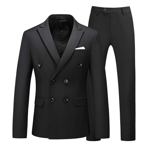 Image of MOGU Suits for Men, 2 Piece Slim Fit Suit with Double Breasted Blazer and Tuxedo Pants, Jacket 38 & Pants 34 (38, Black)