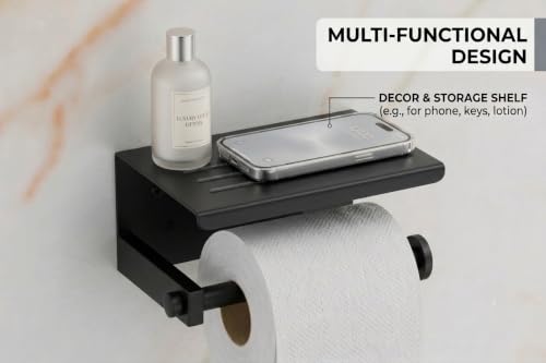 Image of Premium Stainless Steel Toilet Paper Holder with Storage Shelf | Matte Black Anti-Rust Bathroom Tissue Roll Dispenser | Wall Mounted Phone Holder & Organizer (Square BL44)