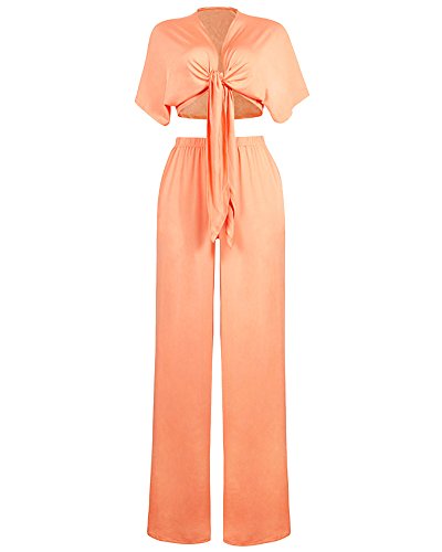 Aro Lora Women's 2 Piece Outfit Jumpsuit Short Sleeve V Neck Tie Up Crop Top Wide Leg Pant Set Romper Medium Orange #TOP1