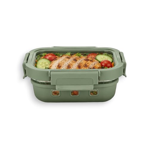 Image of Griplok Glass Lunch Box 640ml with Leakproof Lid, Borosilicate Food Storage Container with Silicone Sleeve, Gasket, Microwave /Dishwasher Safe, Anti-Slip Grip for Meal Prep (Forest Green)
