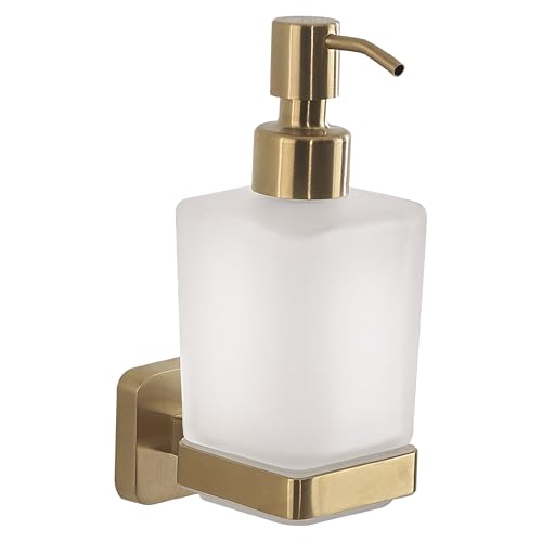 Gedy Tonga Bathroom Soap Dispenser, Matte Gold, Stainless Steel and Glass, Capacity 220 ml, 6.3 x 11.7 x 17.3 cm, Adhesive, No Drill