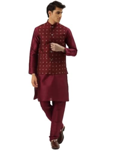 Sojanya (Since 1958 Men Silk Blend Maroon Kurta Pyjama & Silk Blend Nehrujacket Set