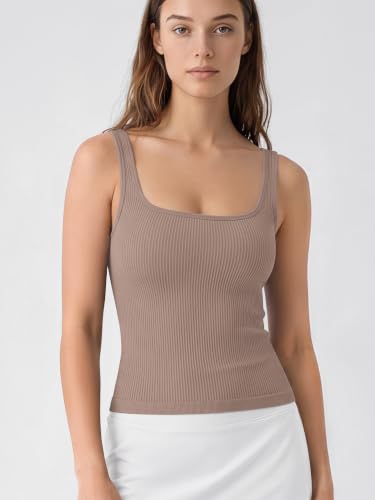 Image of ODODOS 3-Pack Seamless Square Neck Crop Tank for Women Ribbed Knit Soft Low Back Cropped Tops