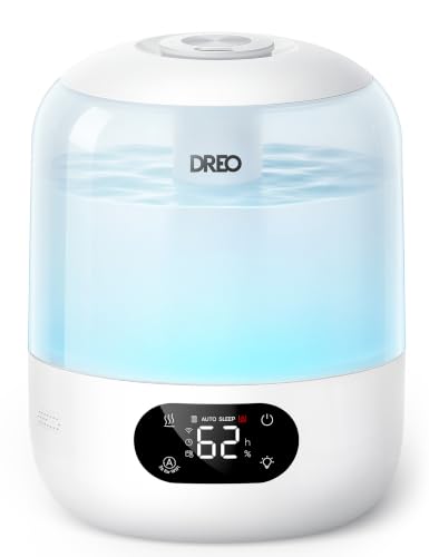 DREO Humidifier for Bedroom with Sensor 26dB Quiet Cool Mist Ultrasonic Humidifiers for Home 360 Nozzle 30H Runtime Ambient Light Indicator Essential Oil Diffuser Room Plants Nursery White