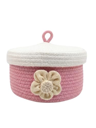 Image of Round Cotton Storage With Lid Gift Basket for Closet Wardrobe Packing, Wedding Organizer, Eco- Friendly Bins Organizer (Pink and White) for Home, Office with Handcrafted Jute Flower.