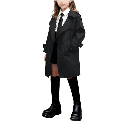 Image of gsatuba Trench Coat For Girls Double Breasted Lapel Overcoat Outerwear Casual Kids Dress Long Jackets 3-15 Years Black dress coat for girls Size 14-15
