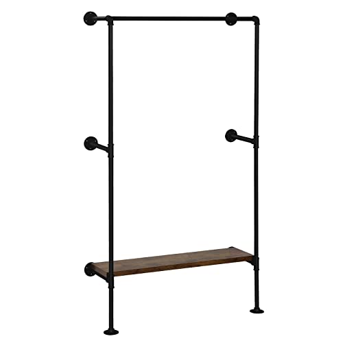WOLTU Kleiderstange industrial schwarz,Kleiderständer für Wandmontage,Garderobenständer mit Ablage,für Schlafzimmer,Kleiderstangensystem aus Metallrohren MDF