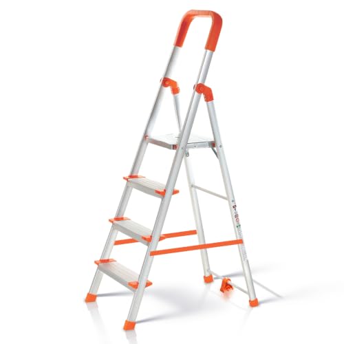 Aluminium Ladder for Home 4 Steps Foldable with Anti-Skid Wide Steps | 4 Step Ladder for Home Use, Kitchen & Household | 250 Kg Load Capacity Folding 