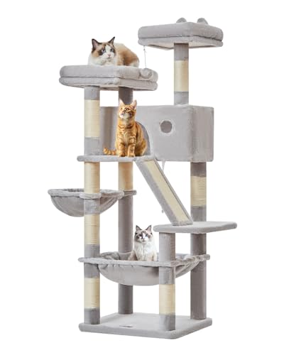 Taoqimiao キャットタワー 大型猫用 高さ約146cm 据え置き式 猫タワー 多頭飼い対応 省スペース 転倒防止付き 運動不足解消 安定感 天然麻紐の猫の爪とぎボード シザル爪研ぎポール8本 特大猫ハウス付き メタルハンモック 2段トップパーチ MS026W ライトグレーの商品画像（Amazon）
