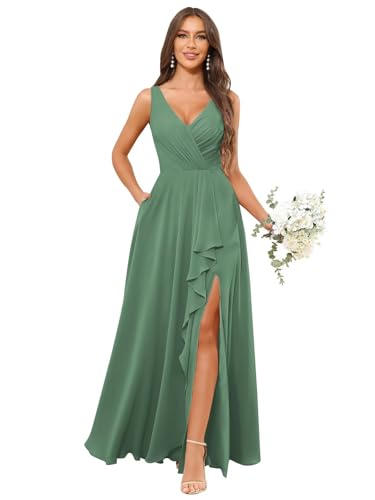 Image of HANVAIOS Long Chiffon V Neck Bridesmaid Dresses for Women Formal Dress with Pocket