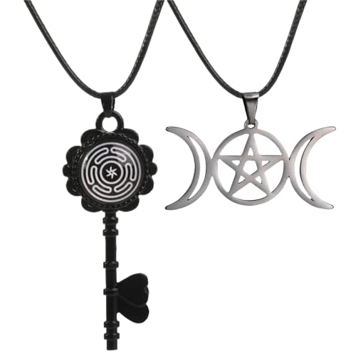 NIGHTCRUZ 2PCS Witch Necklace, Triple Moon Goddess Pendant, Hecate Wheel Necklace