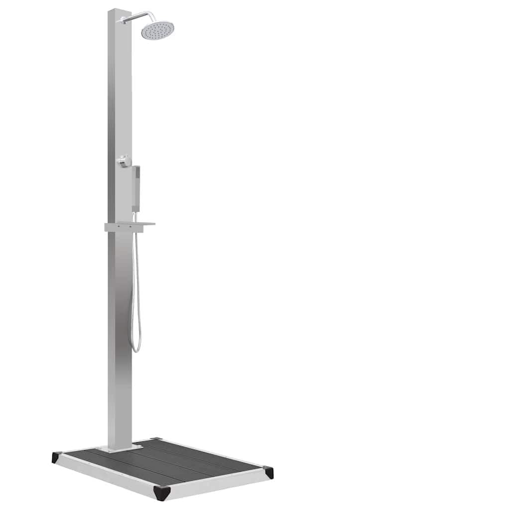 Mangloder - Doccia da giardino con elemento di fondo in WPC, in acciaio inox, soffione a pioggia e doccetta a mano, spazzolato, 210 cm, 80 x 62 cm, per piscina, idromassaggio, idromassaggio, estate