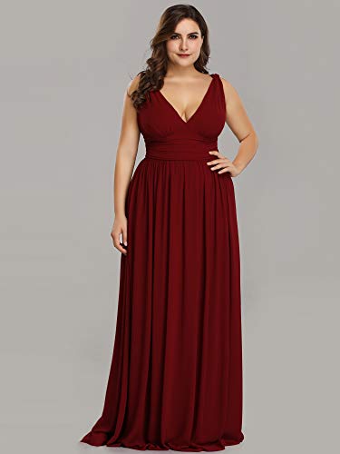 Image of Ever-Pretty V Neck Sleeveless Pleated Chiffon Maxi Plus Size Formal Dresses for Women Bridesmaid Dresses Burgundy US22