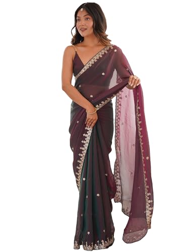 Image of AKHILAM Women's Shimmer Chiffon Sequence Embroidery Saree With Unstitched Blouse Piece(AARYAN21601 KR Parent)