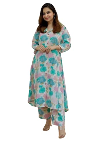 Image of Leriya Fashion Women's Cotton Printed A-Line Kurti Pant Set | Abstract Leaf & Floral Kurta with Trouser Pant | Casual Ethnic Co-ord Set for Women Stylish | Elegant Anarkali Style Tunic Kurta Set