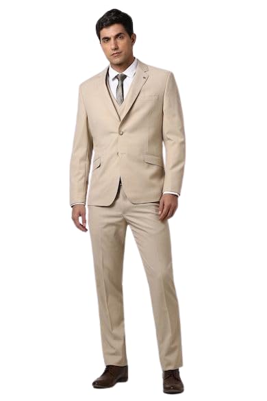 VYOM Enterprise Men's Slim Regular Fit 3 Pieces Suit Set Notch Lapel Suit with Double Breasted Waistcoat Crocodile Cream Size 42-picture-39