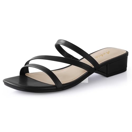 Image of Ankis Black Nude White Strappy Heels Women 1 Inch Low Chunky Block Heel Heeled Sandals Square Open Toe Slip On Slides Mules