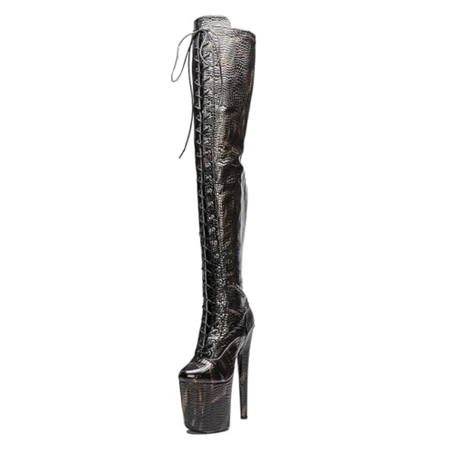 WUXIN H&P Women's Over The Knee Pole Dance Thigh High Heel Boots Black Sexy Snake Pattern Platform Zip Lace Up Fashion Party Round Toe Stiletto 8 inch Exotic Heels
