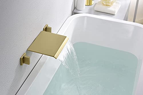Sumerain Waterfall Tub Faucet Wall Mount Bathtub Faucet With Valve Brushed Gold Tub Filler 3 Hole, High Flow #TOP3