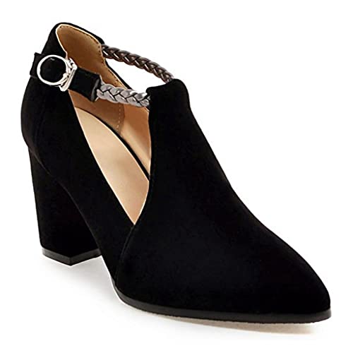 Women's Pointed Toe Chunky High Block Heel Pumps Suede T-Strap Mary Jane Comfort Office Dress Shoes