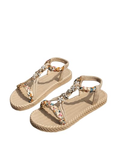 SweatyRocks Women's Floral Braided Flat Sandals Ankle Strap Open Toe Vocation Beach Sandals