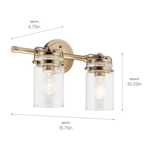 Image of Kichler Brinley 2-Light Bathroom Vanity Light Fixture 15.75 in Industrial Farmhouse with Clear Glass in Champagne Bronze for Mirror Over Sink (15.75 x 10.25 x 6.75 in), 45688CPZ